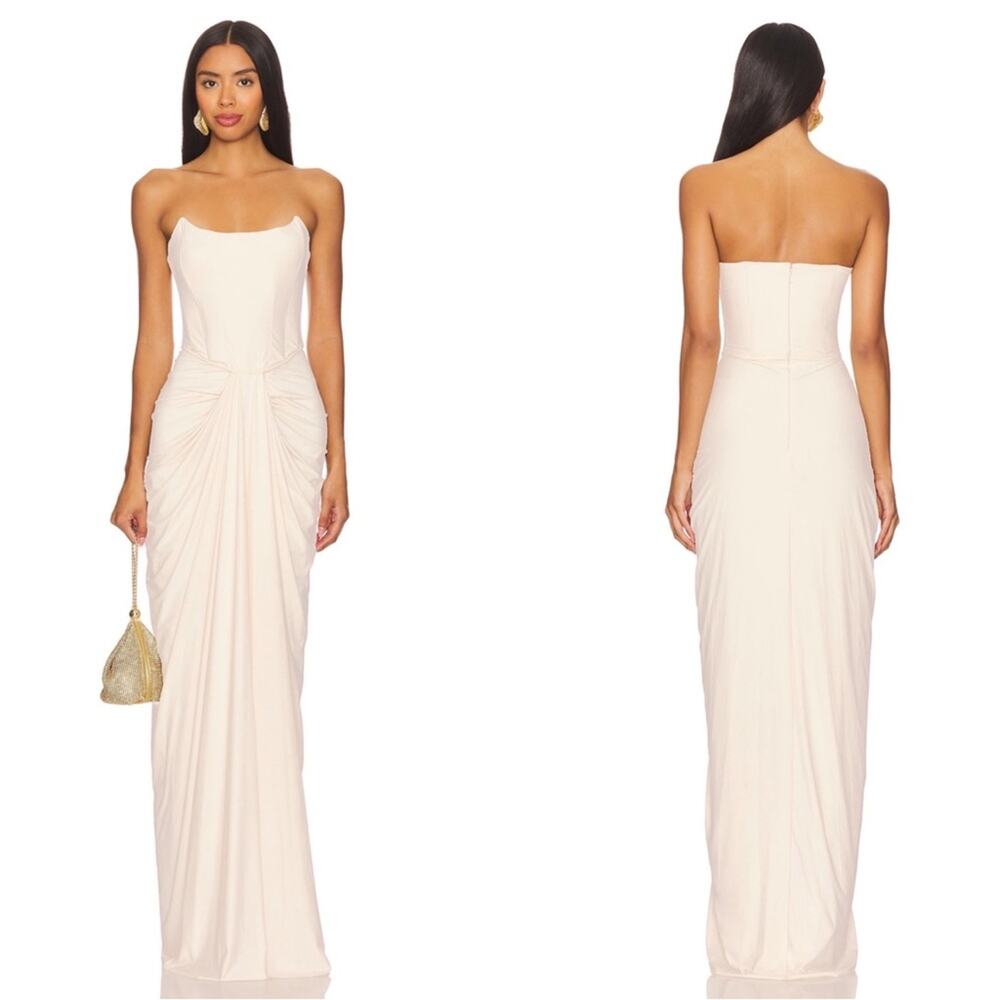 DEME by Gabriella Pearl Strapless Bustier Ruched Draped White Maxi Dress Size S